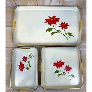 MCM Lacquerware Trays 3 pc Nesting Tray Set Christmas Poinsettias Japan Apex